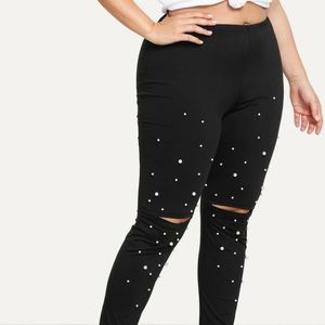Plus Pearl Beading Ripped Knee Leggings